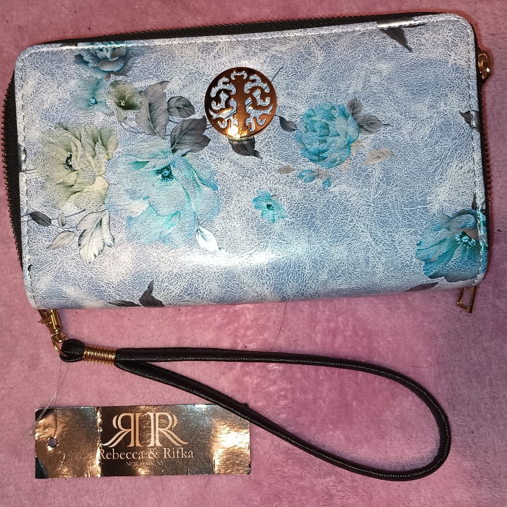 Rebecca & Rifka Blue Floral Print Zip Wristlet Wallet